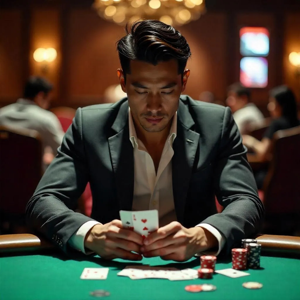 Athletic Asian Man in a Photorealistic Poker Room