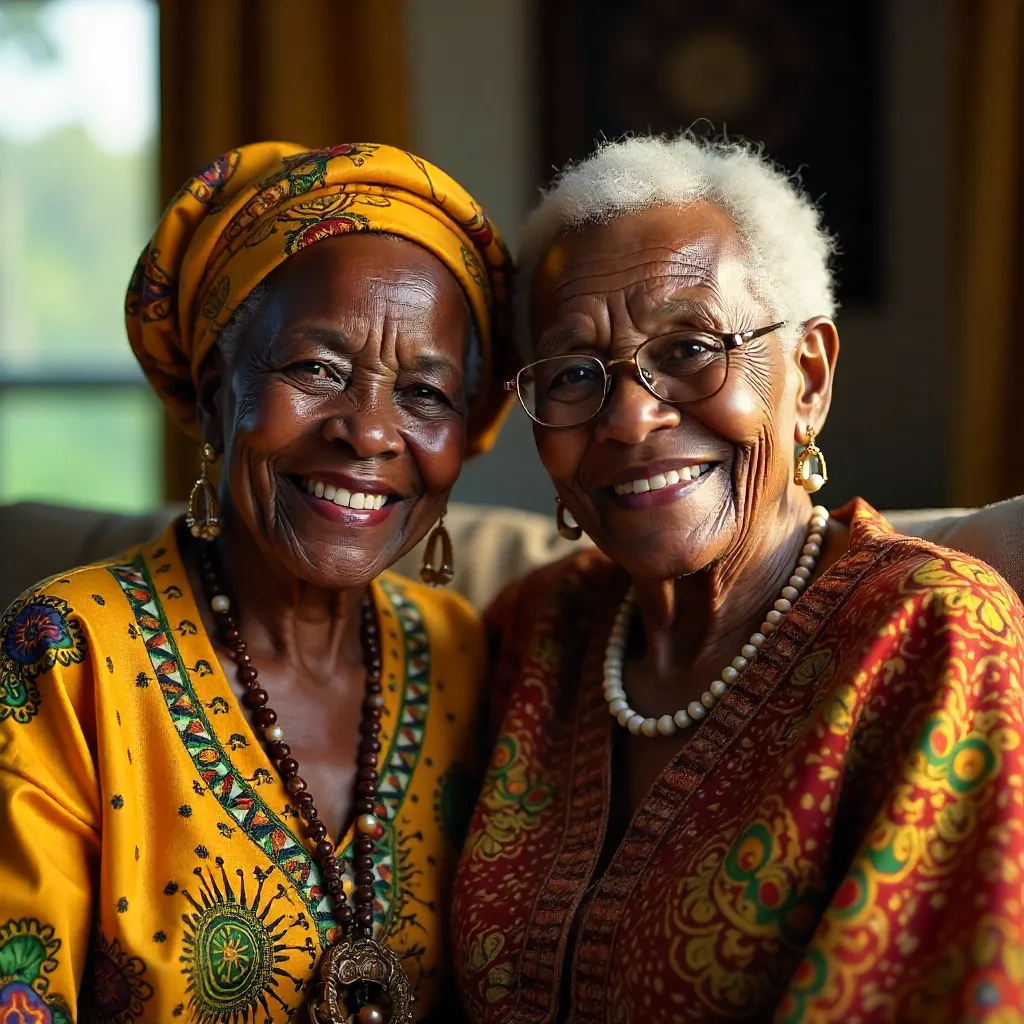 Two Elderly African Women in Traditional Attire Indoors