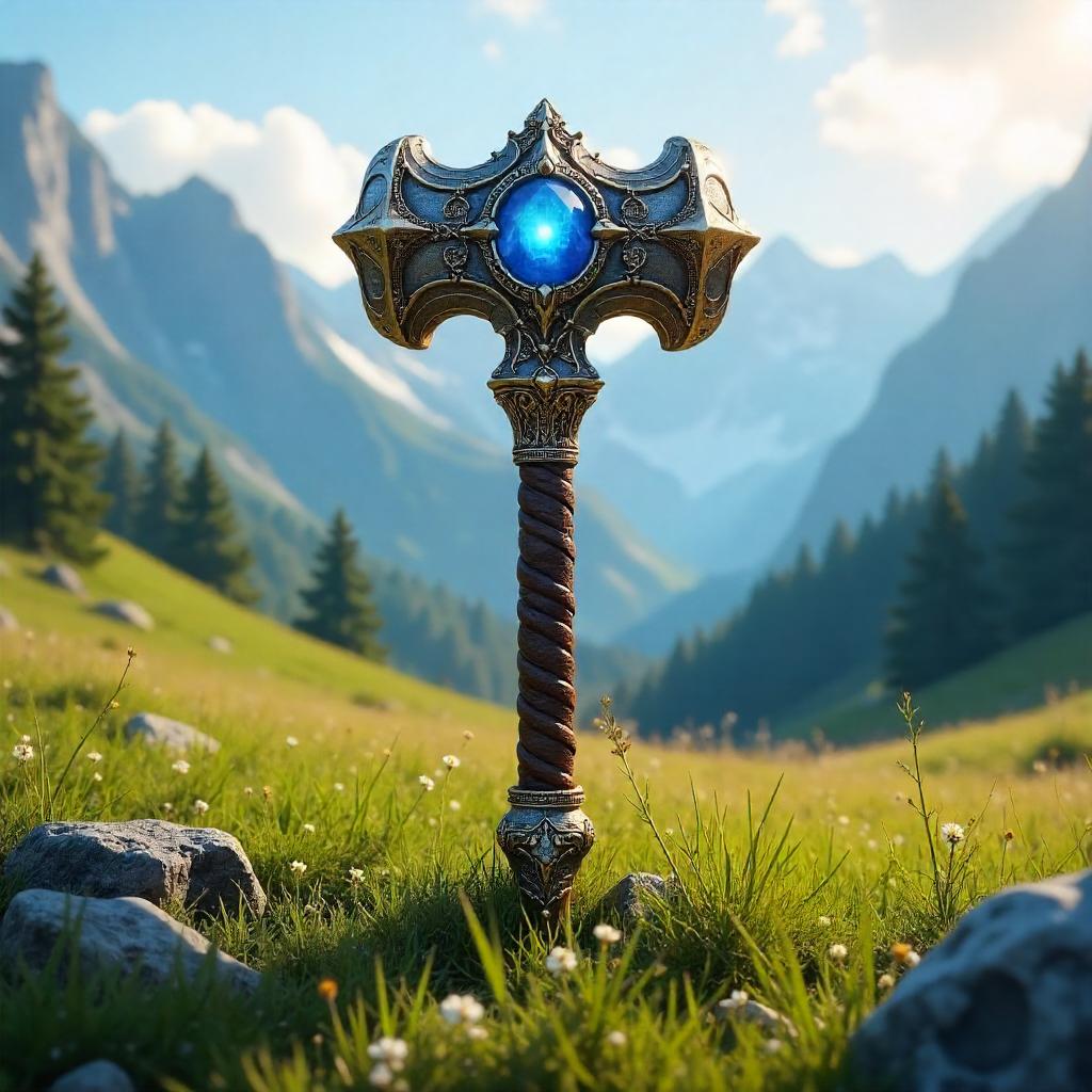Divine Hammer in Alpine Meadow - 3D Render