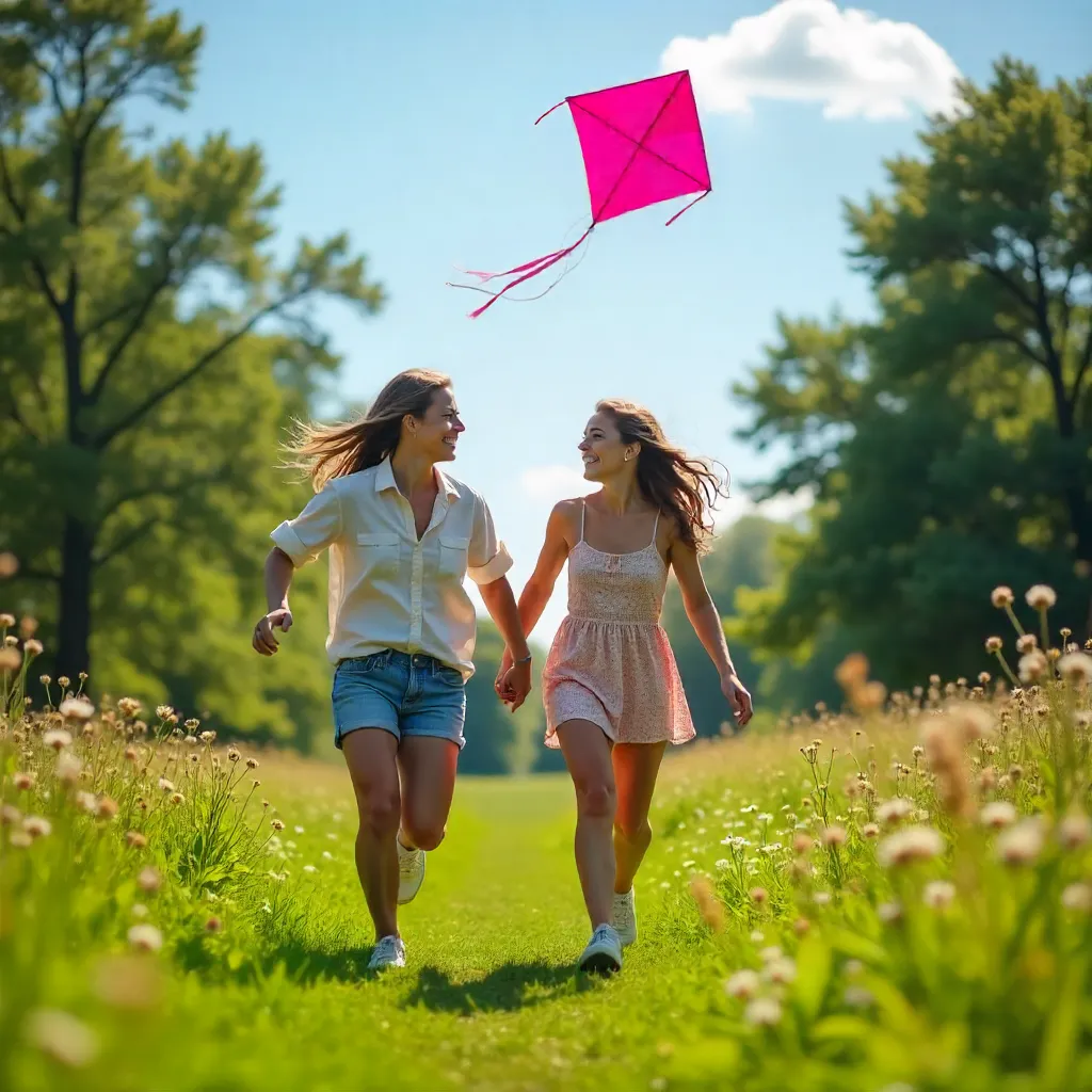 Sunlit Meadow Kite Day with Two Young Adults