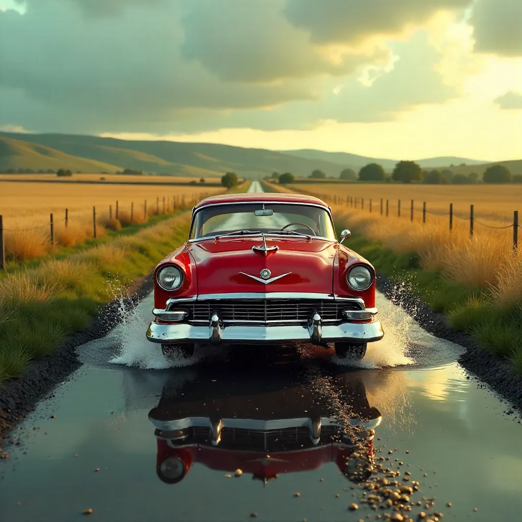 Vintage Car on Wet Country Road Through Golden Fields