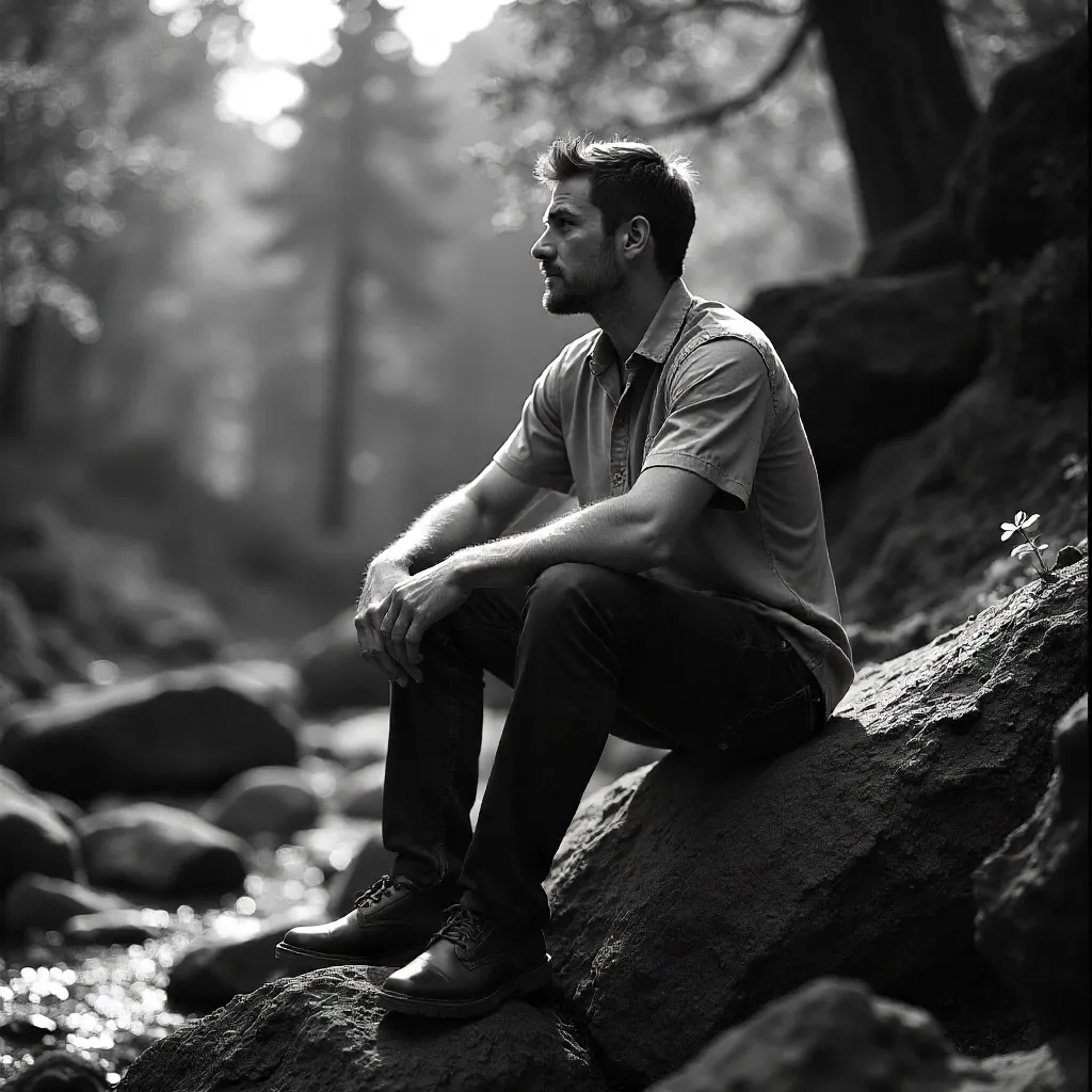 Black and White Portrait Outdoors on a Rock