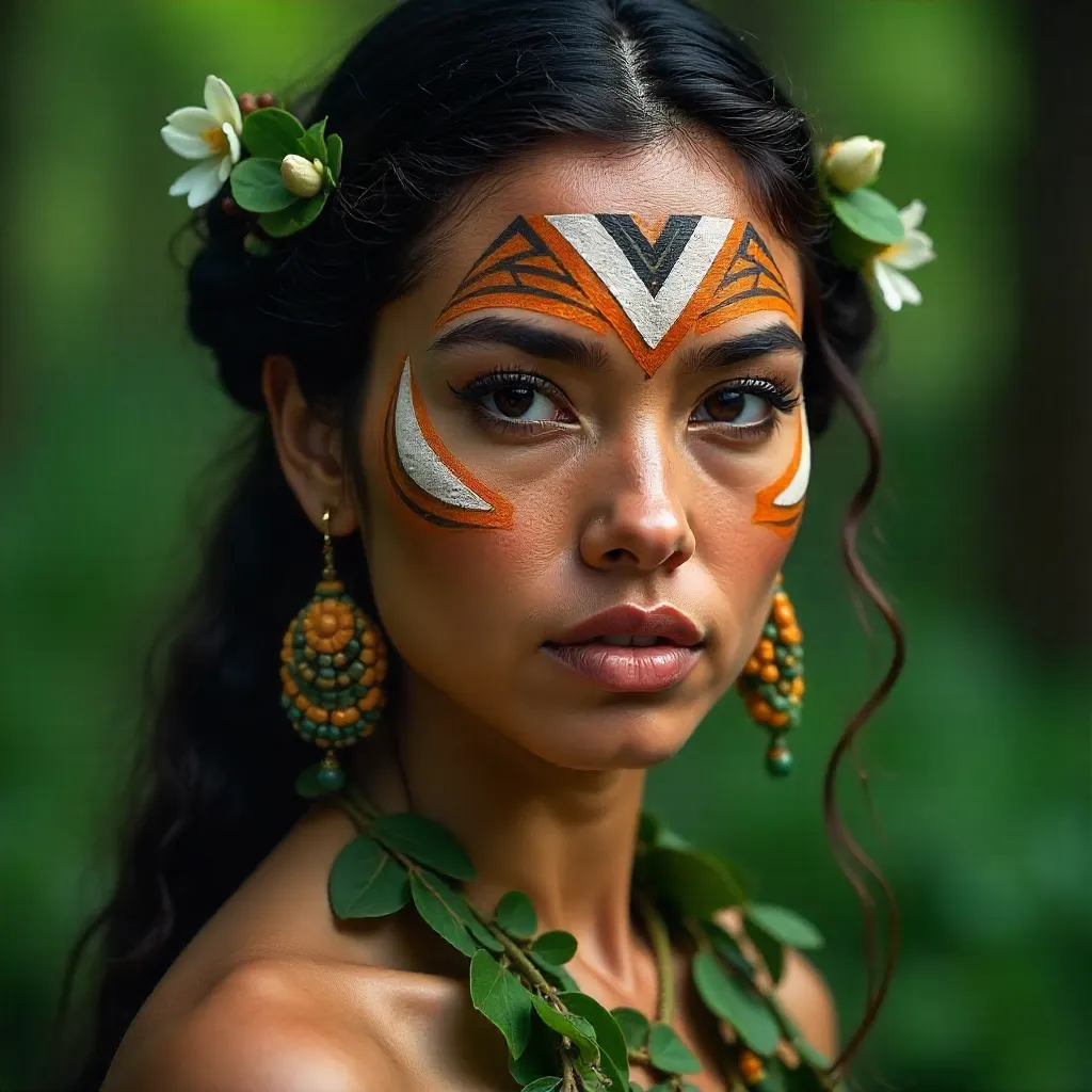 Striking Portrait: Tribal Face Paint with Foliage Adornments