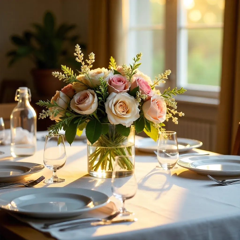 Softly Lit Elegant Dining Table with Floral Centerpiece