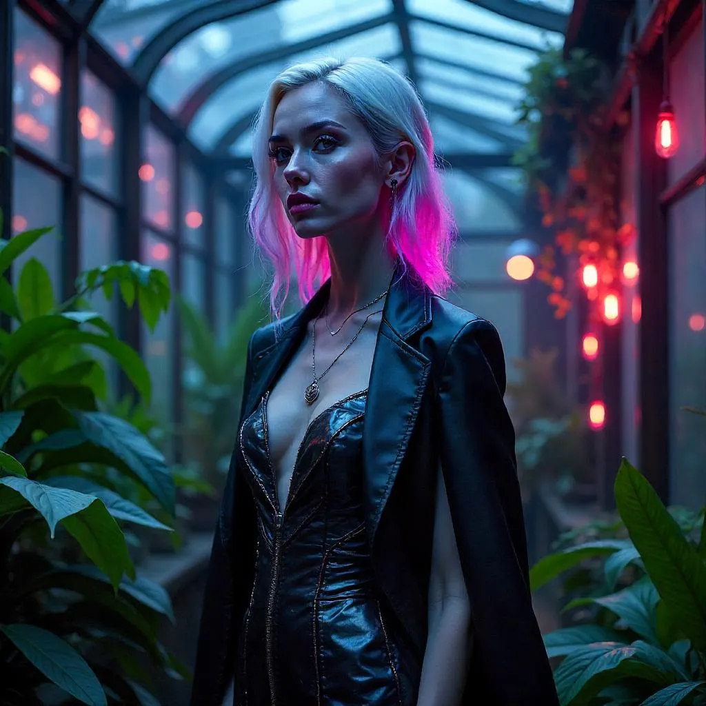 Elegant Cyberpunk Woman in a Neon Conservatory