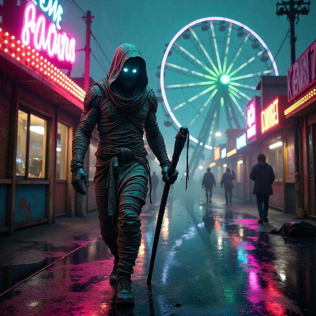 Cyberpunk Mummy in a Neon Amusement Park