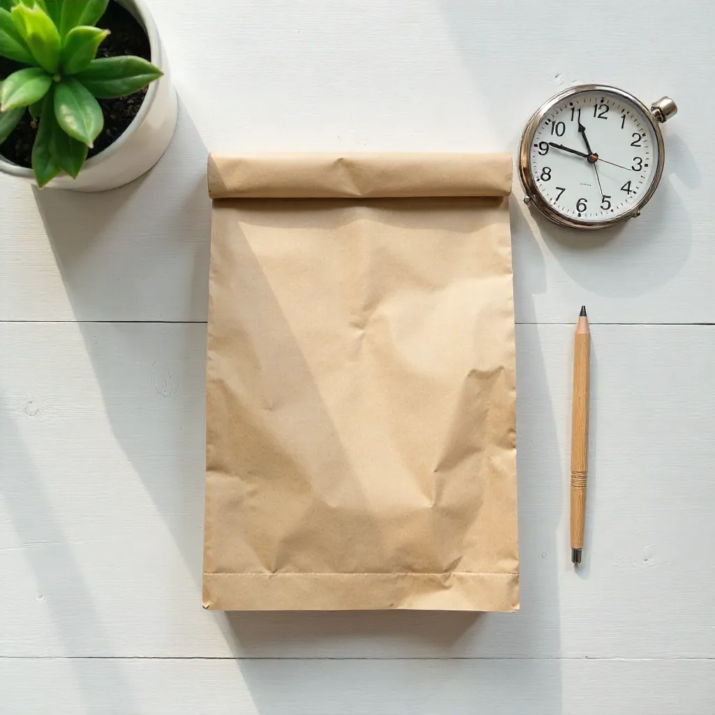 Flat Lay: Bag, Book, and Clock Stock Photo