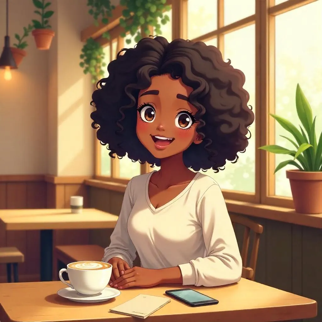 Cheerful Black Girl in an Anime Café