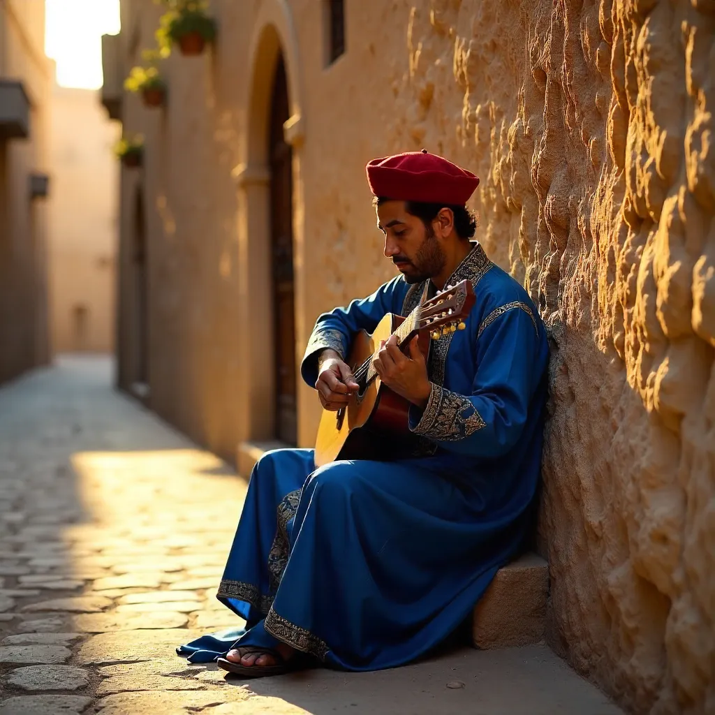 Musician in Moroccan Djellaba Playing Guitar in Rabat