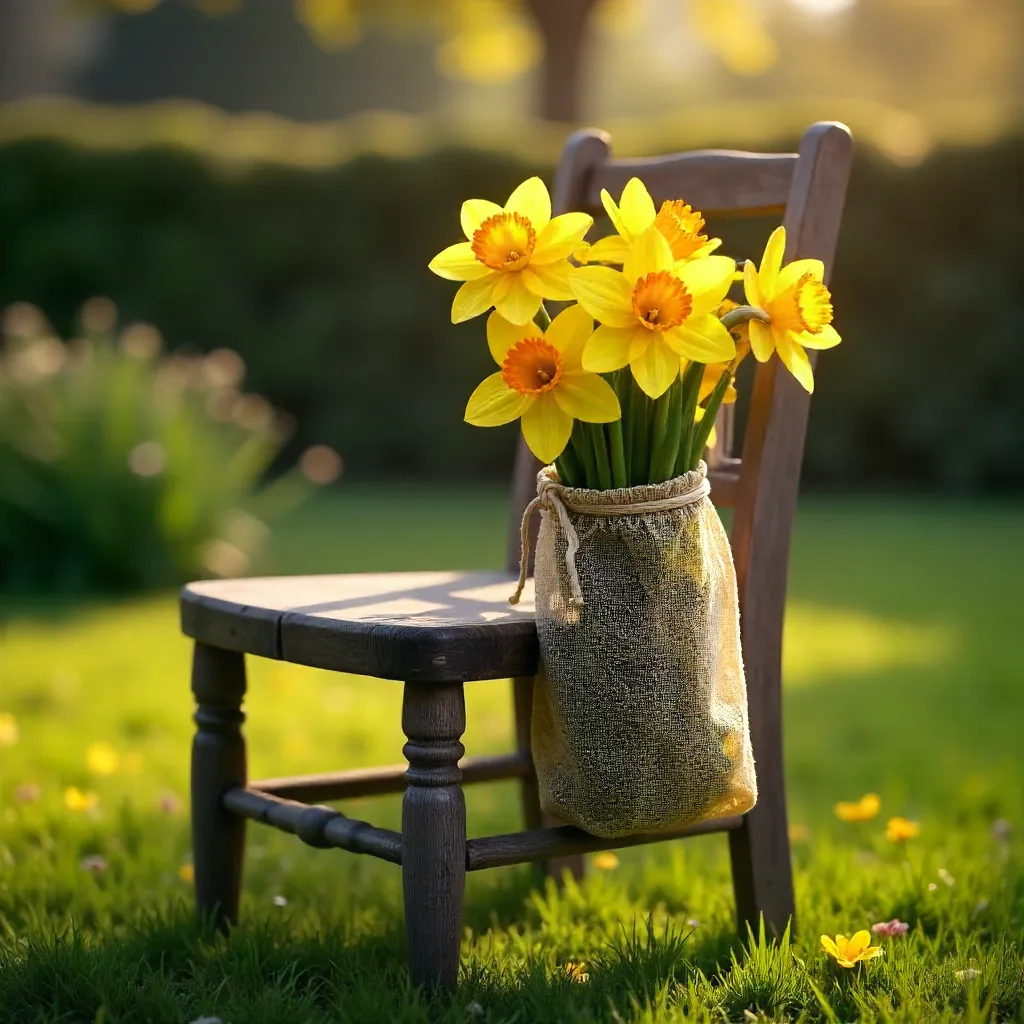 Daffodils in a Mesh Bag on a Rustic Outdoor Chair