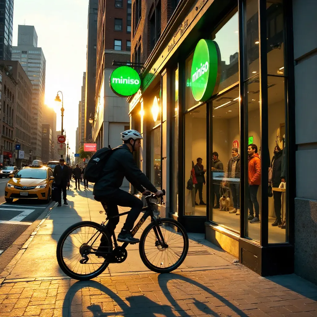 Dynamic NYC Street View: Miniso Storefront with Cyclist