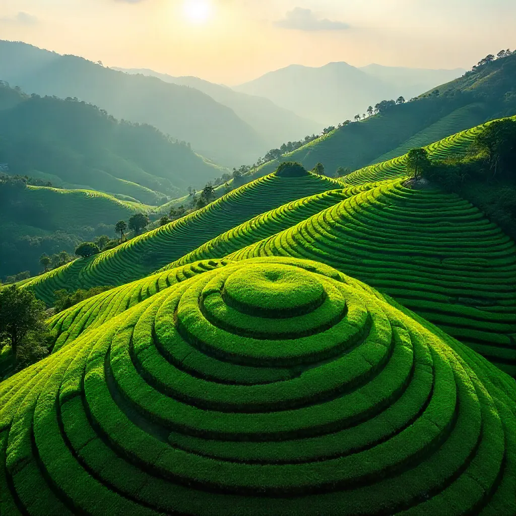 Aerial View of Circular Tea Plantations in Natural Light
