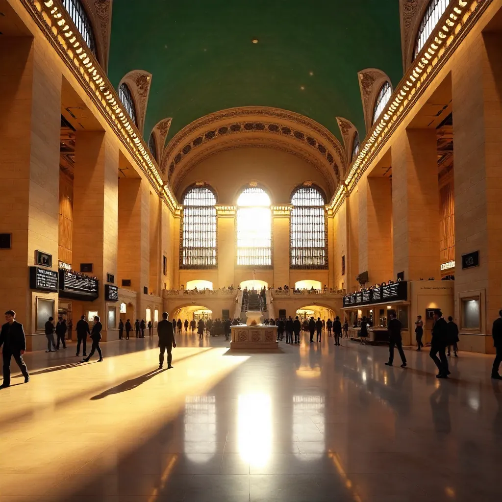 Elegant Grand Central Concourse with Chandeliers and Arches