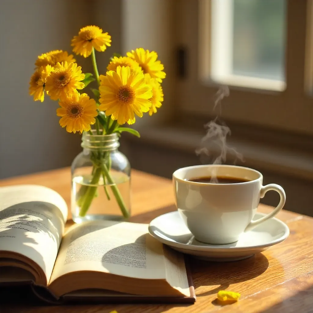 Cozy Mimosa Morning: Book, Coffee on Wood