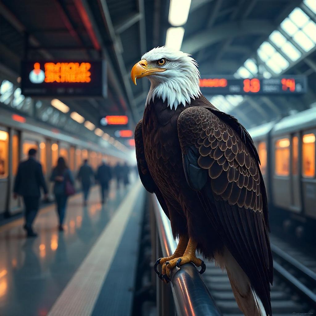 Majestic Eagle at a Neon Train Station