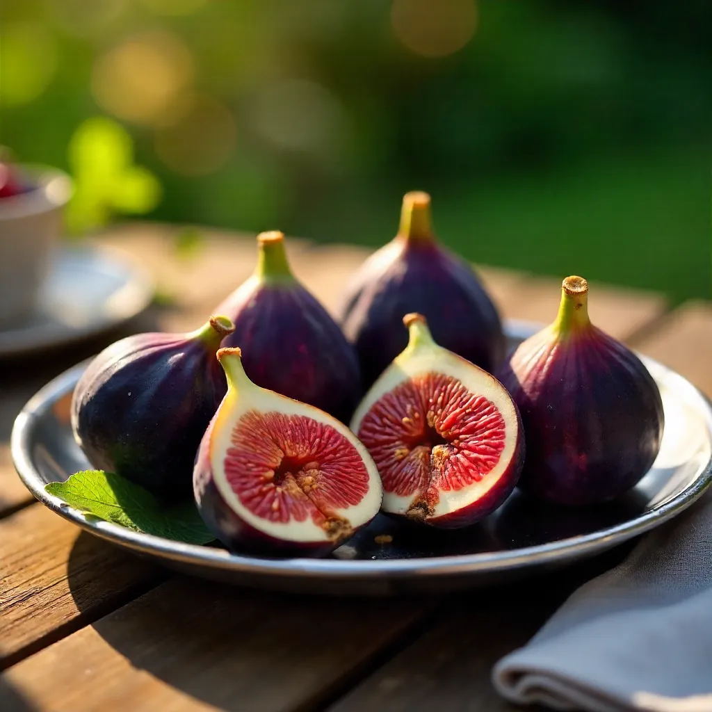 Fresh figs on a sunlit silver tray