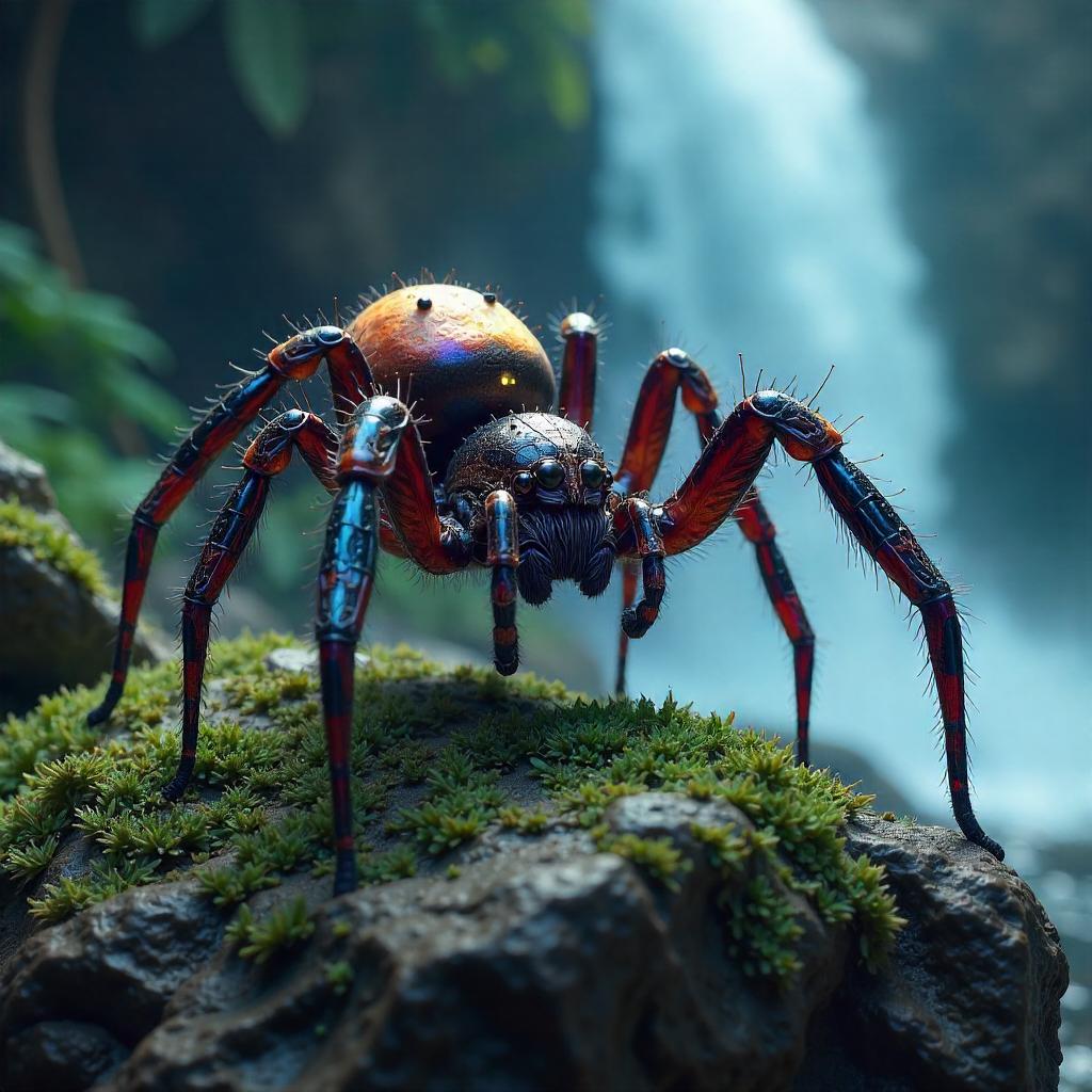 Iridescent Spider by the Misty Waterfall