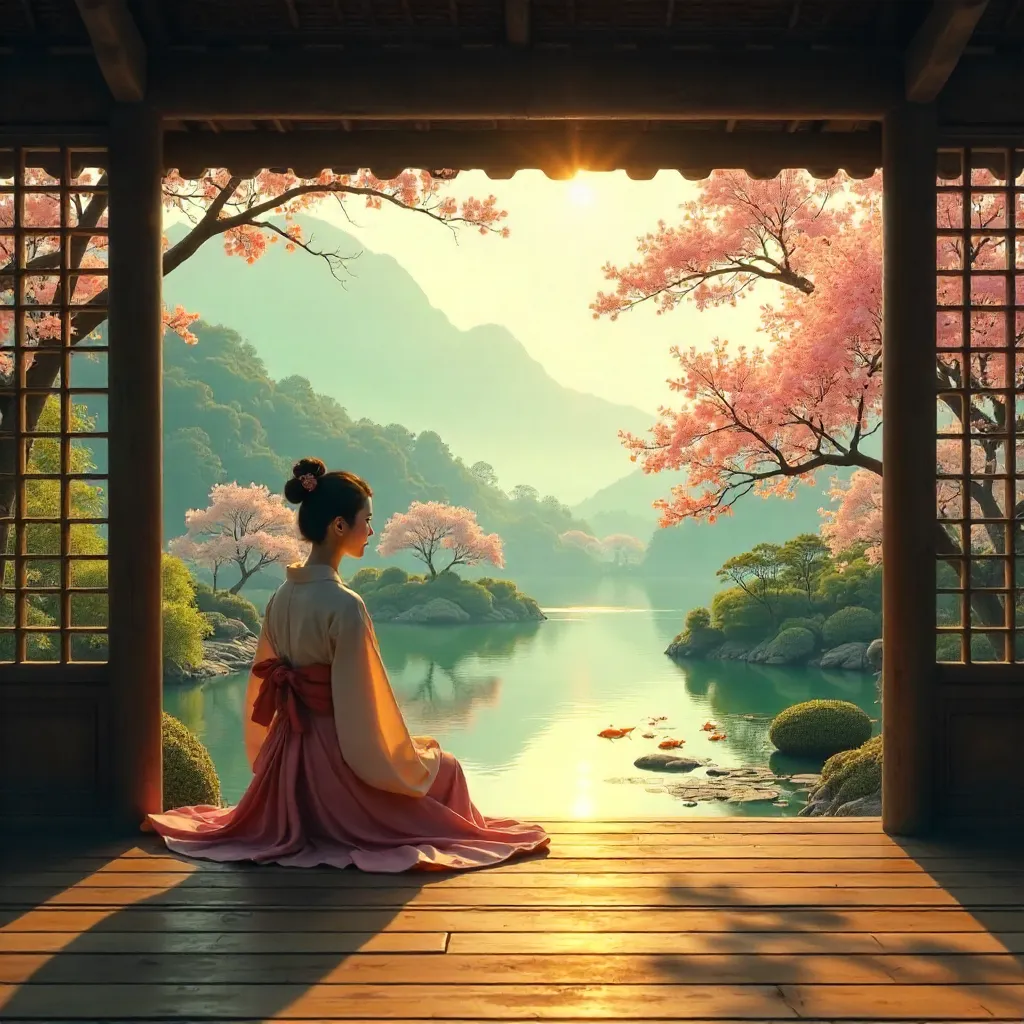 Serene Moment in a Traditional Asian Pavilion