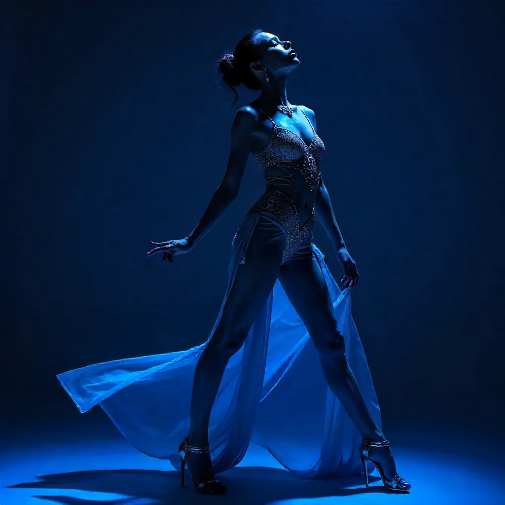 Blue-lit Studio Fashion Portrait with Motion Blur