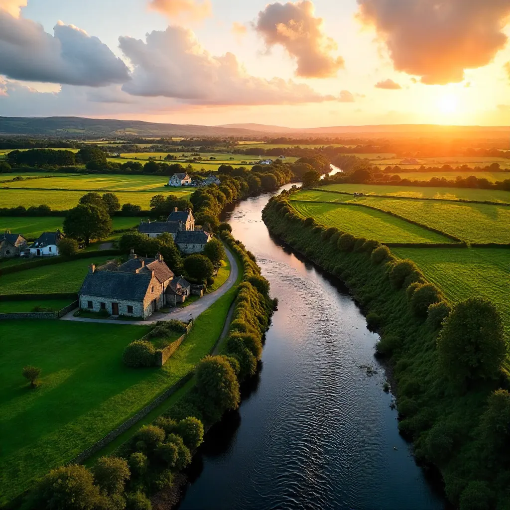 Sunset Aerial Over River and Cottages in County Clare