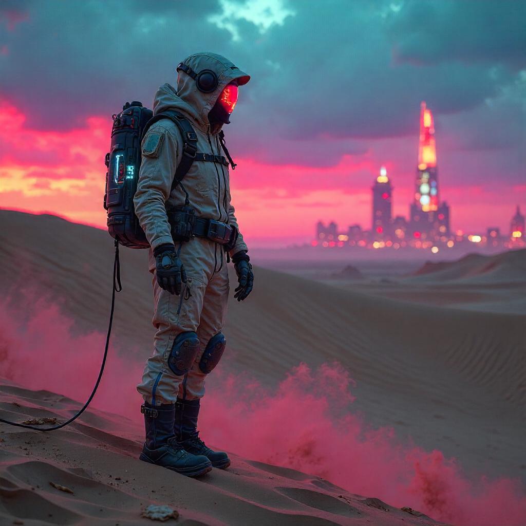 Neon Dunes: Cyberpunk Explorer in Desert Sands