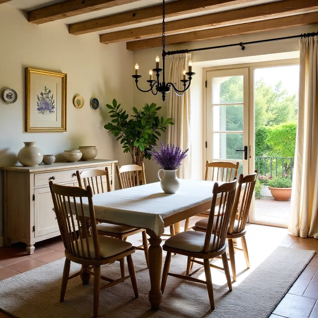 Sunlit Provencal Dining Room with Rustic Wood