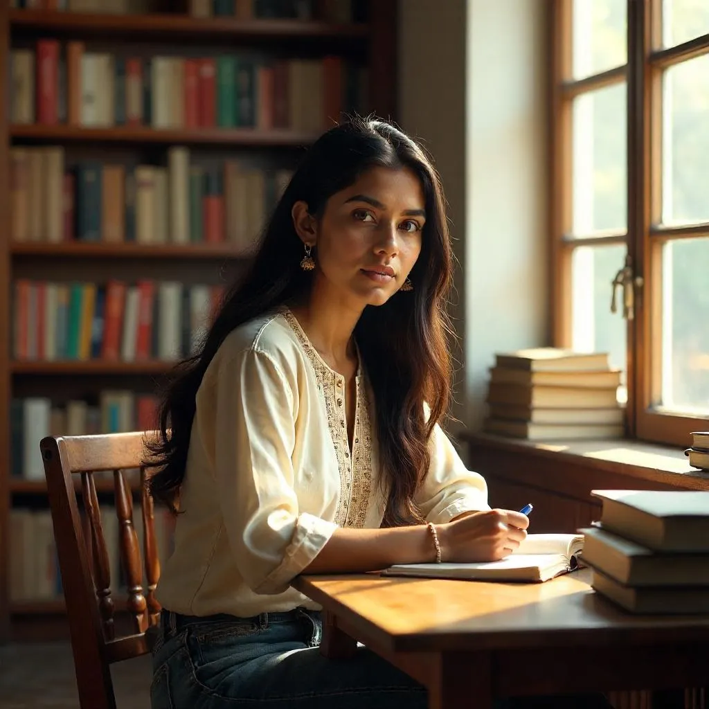 Young Indian Woman in a Quiet Library