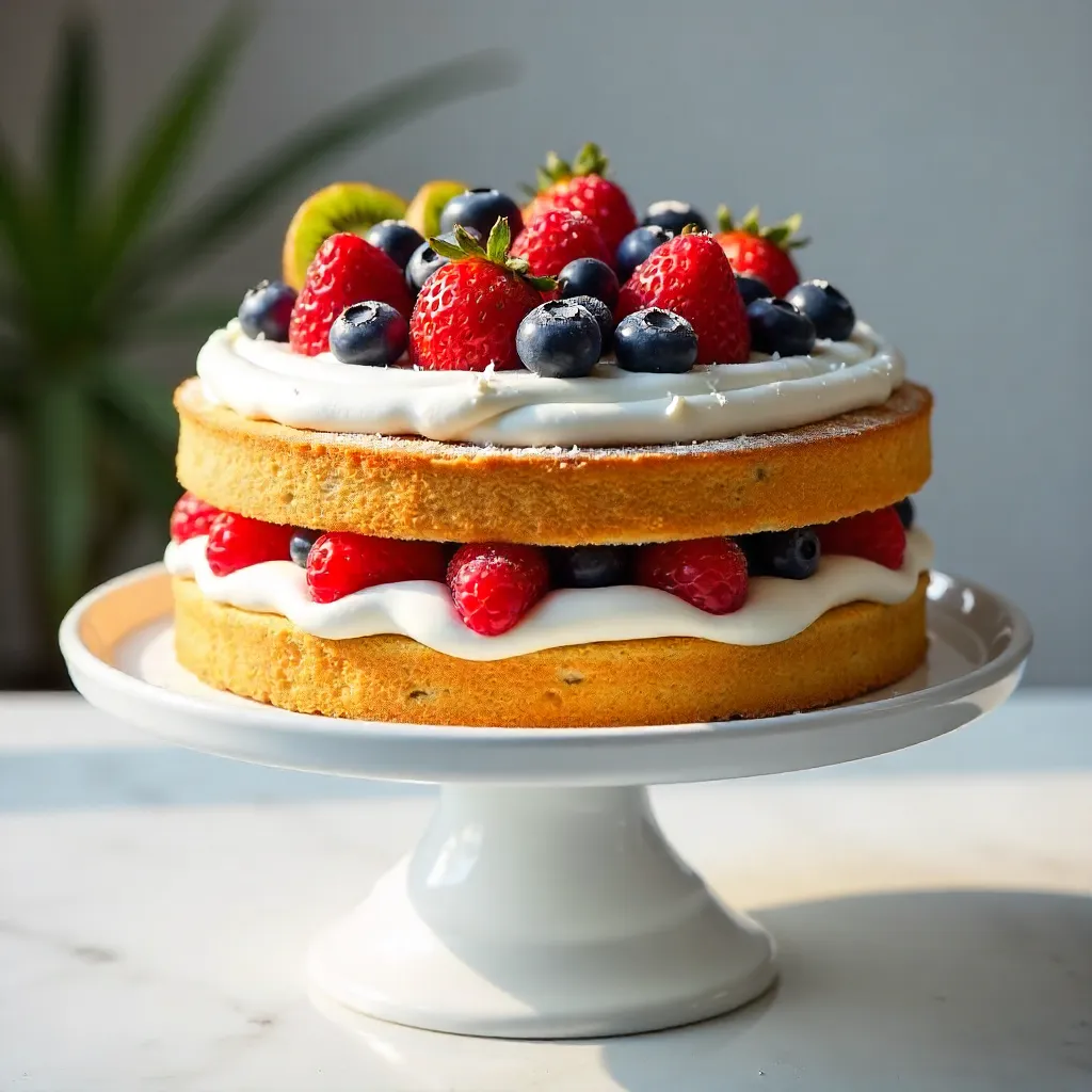 Glistening Sponge Cake with Fresh Fruit on a White Stand
