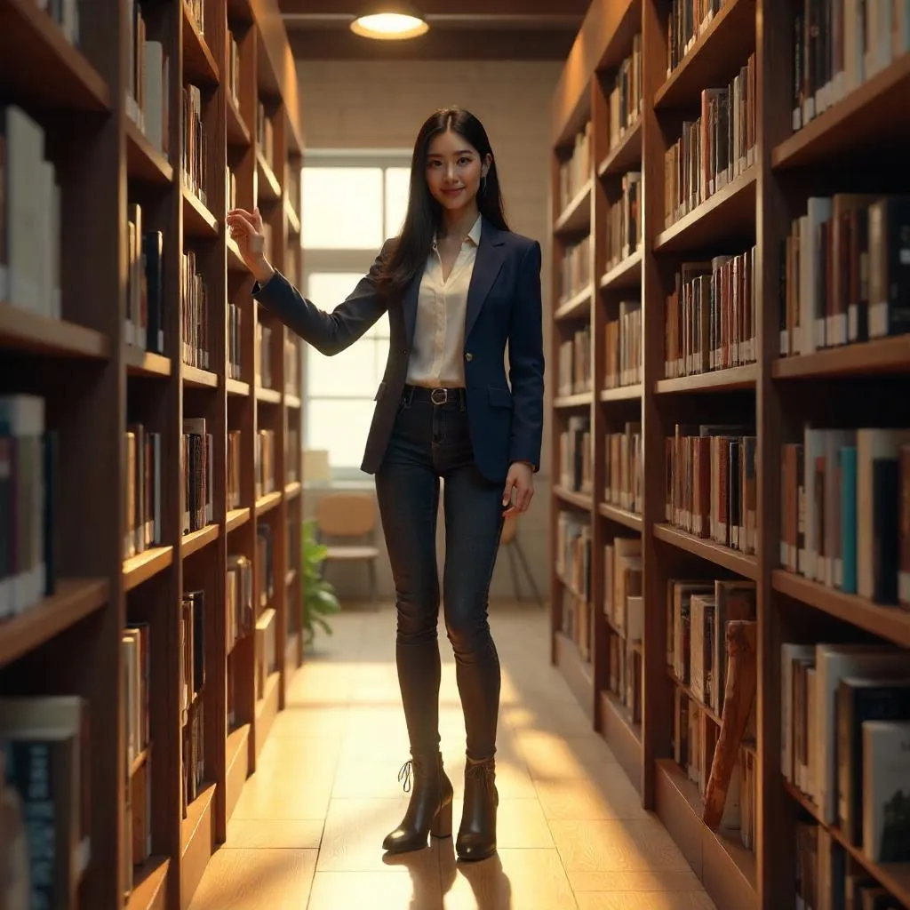 Confident Asian Woman in a Cozy Bookstore