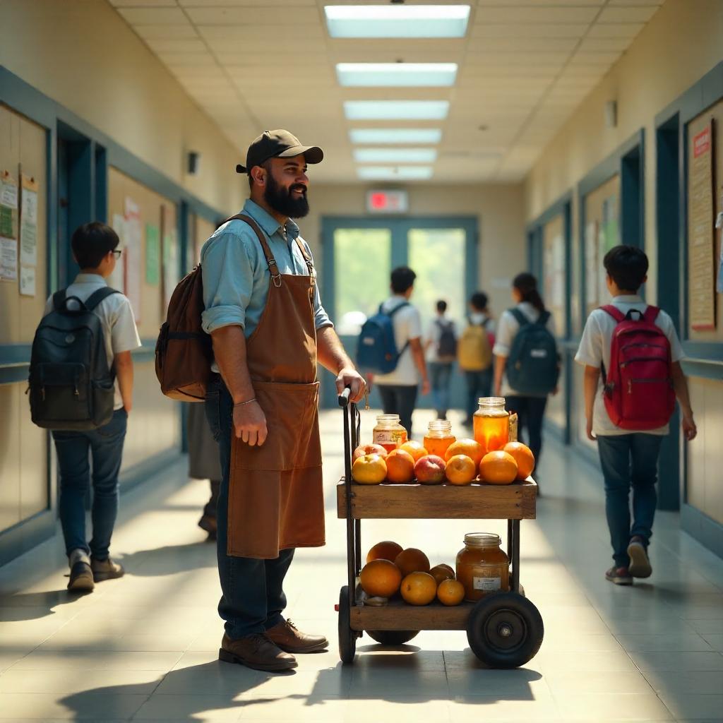Photorealistic Merchant in a School Hallway