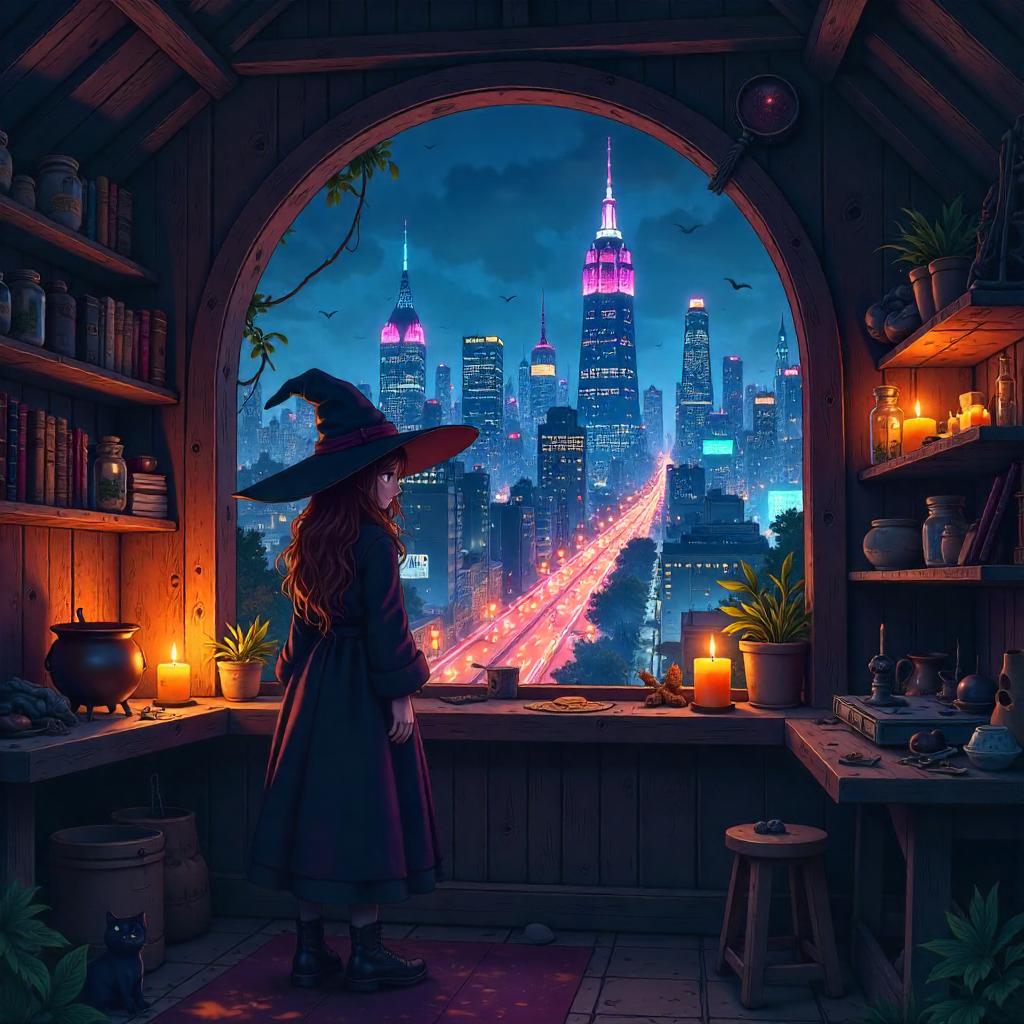 Witch's Hut Overlooking Neon Anime City