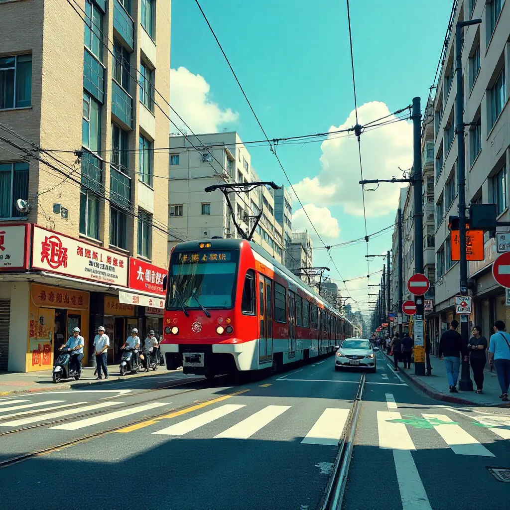 Taiwan Train Crossing an Intersection Under Clear Blue Sky