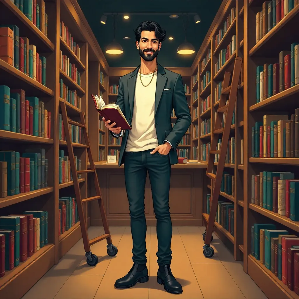 Stylish Latino in a Cozy Anime Bookstore