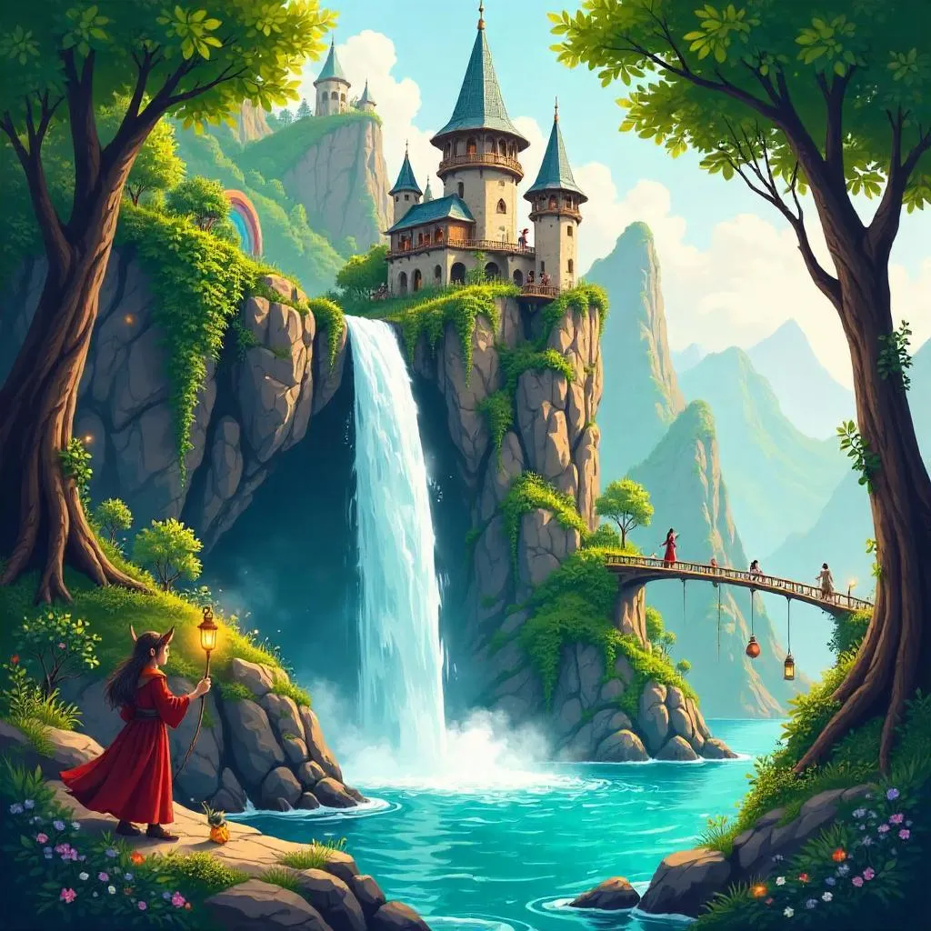 Waterfall in the Elven City: A Cartoon Vista