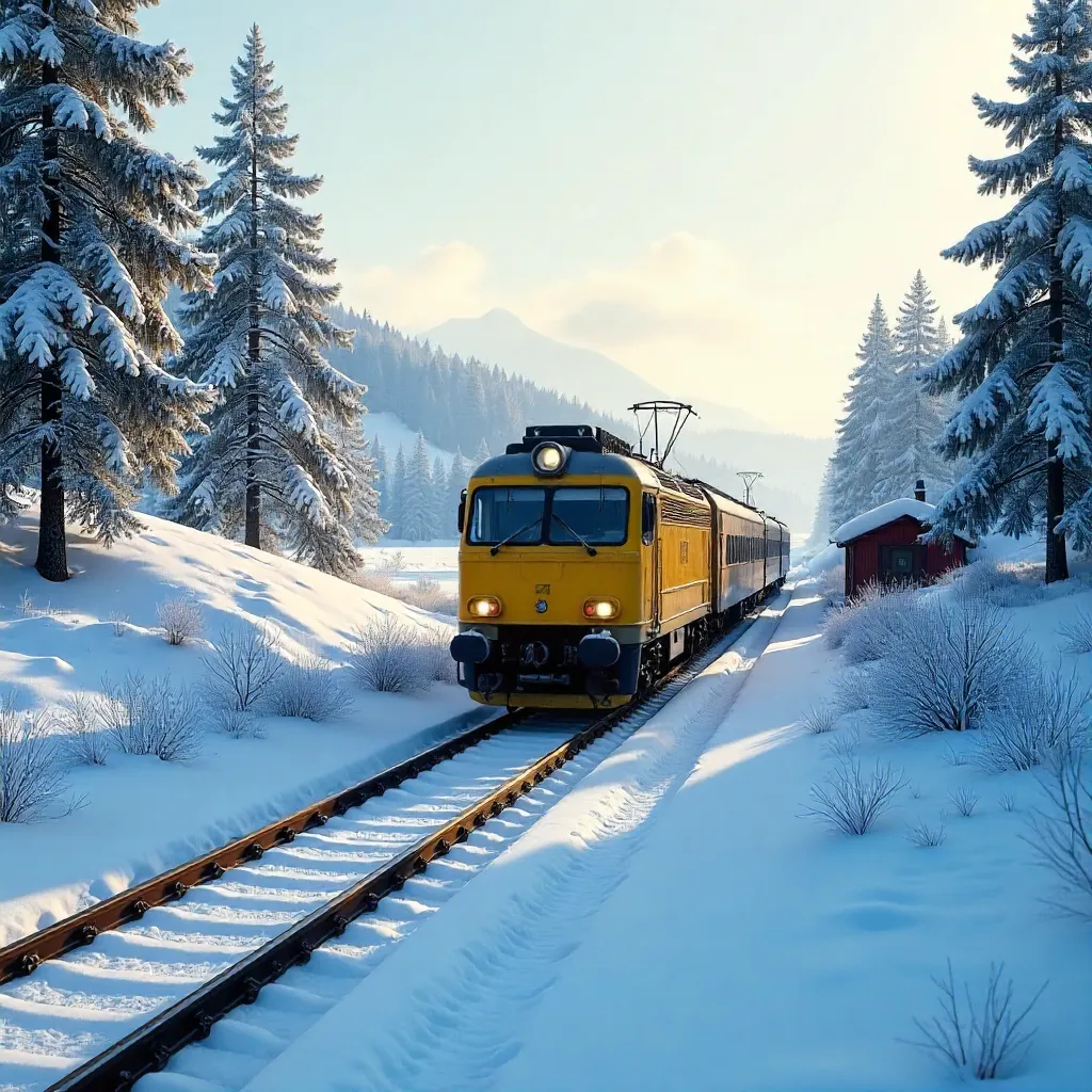 Yellow Train Through Snowy Jönköping Winter