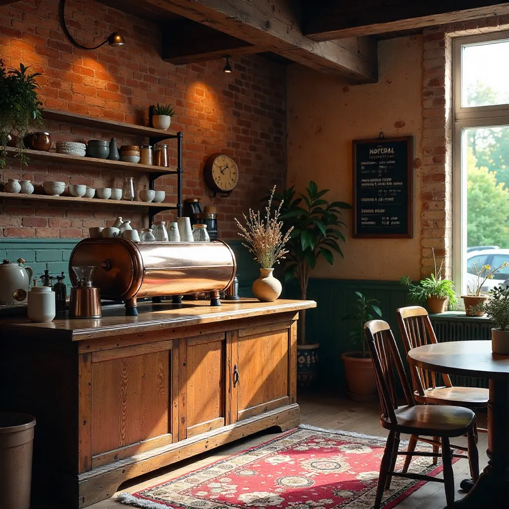 Charming Rustic Cafe Interior with Coffee Machine and Vases
