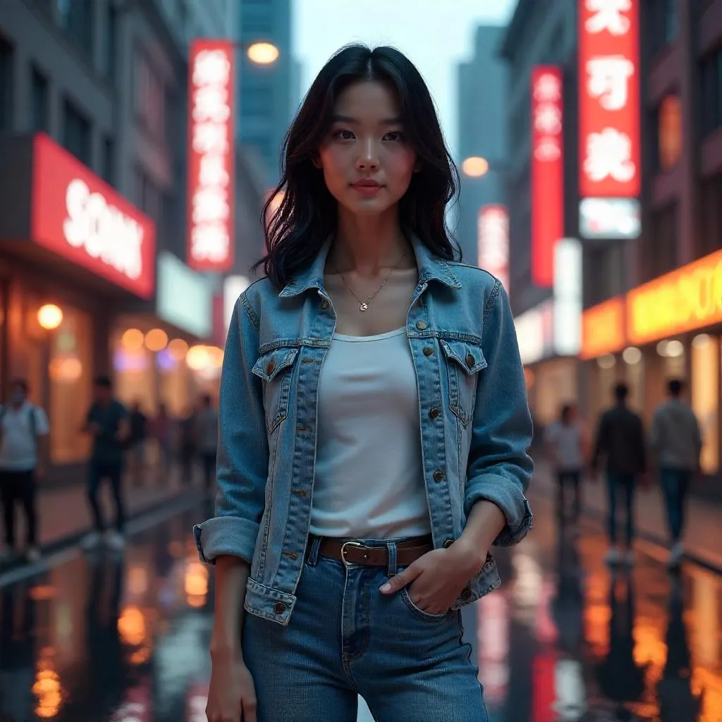 3D Photorealistic Asian Woman on Neon City Street at Sunset