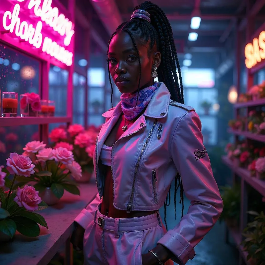 Neon Bloom: Cyberpunk Flower Shop Muse