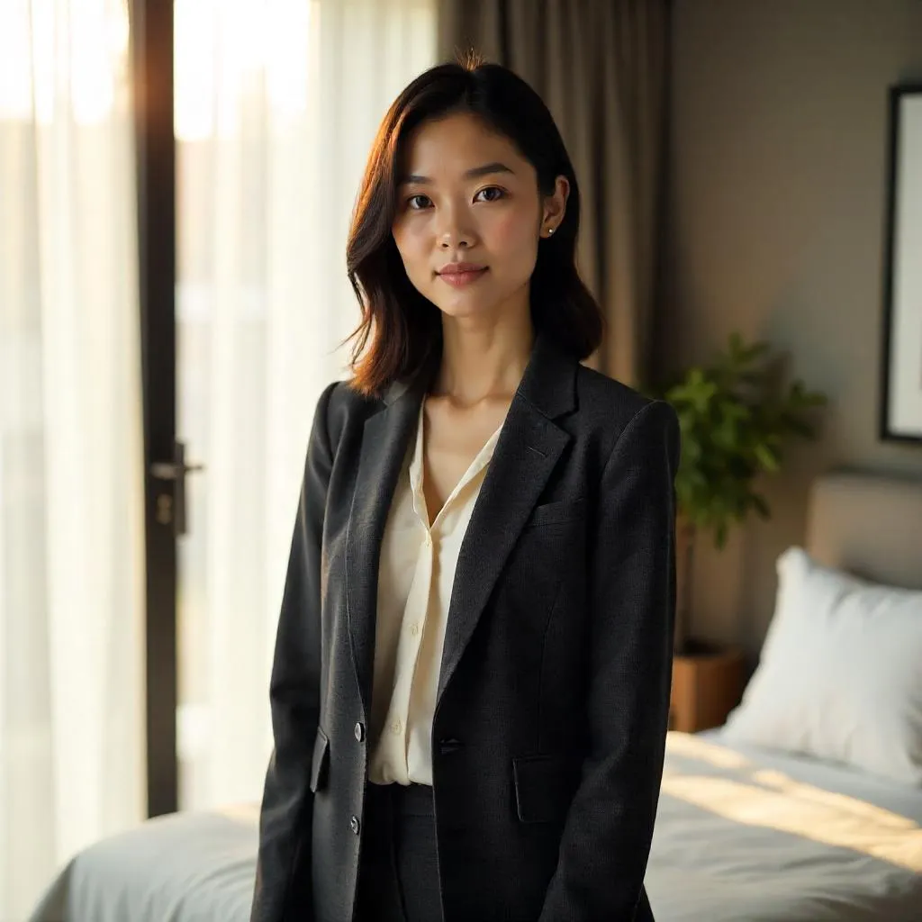 Confident Asian Woman in a Modern Bedroom