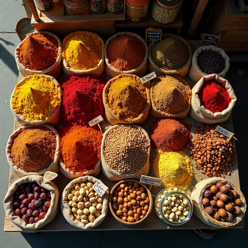 Overhead Market Stand: Spices and Nuts