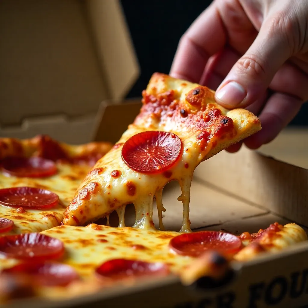 Close-Up of Hand Lifting Pepperoni Pizza Slice