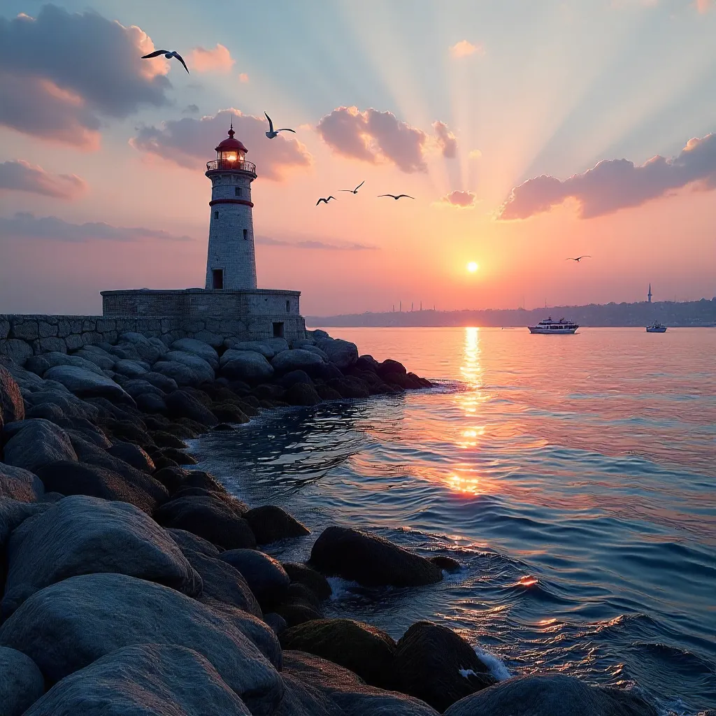 Dusk at Istanbul's Rocky Coast Lighthouse