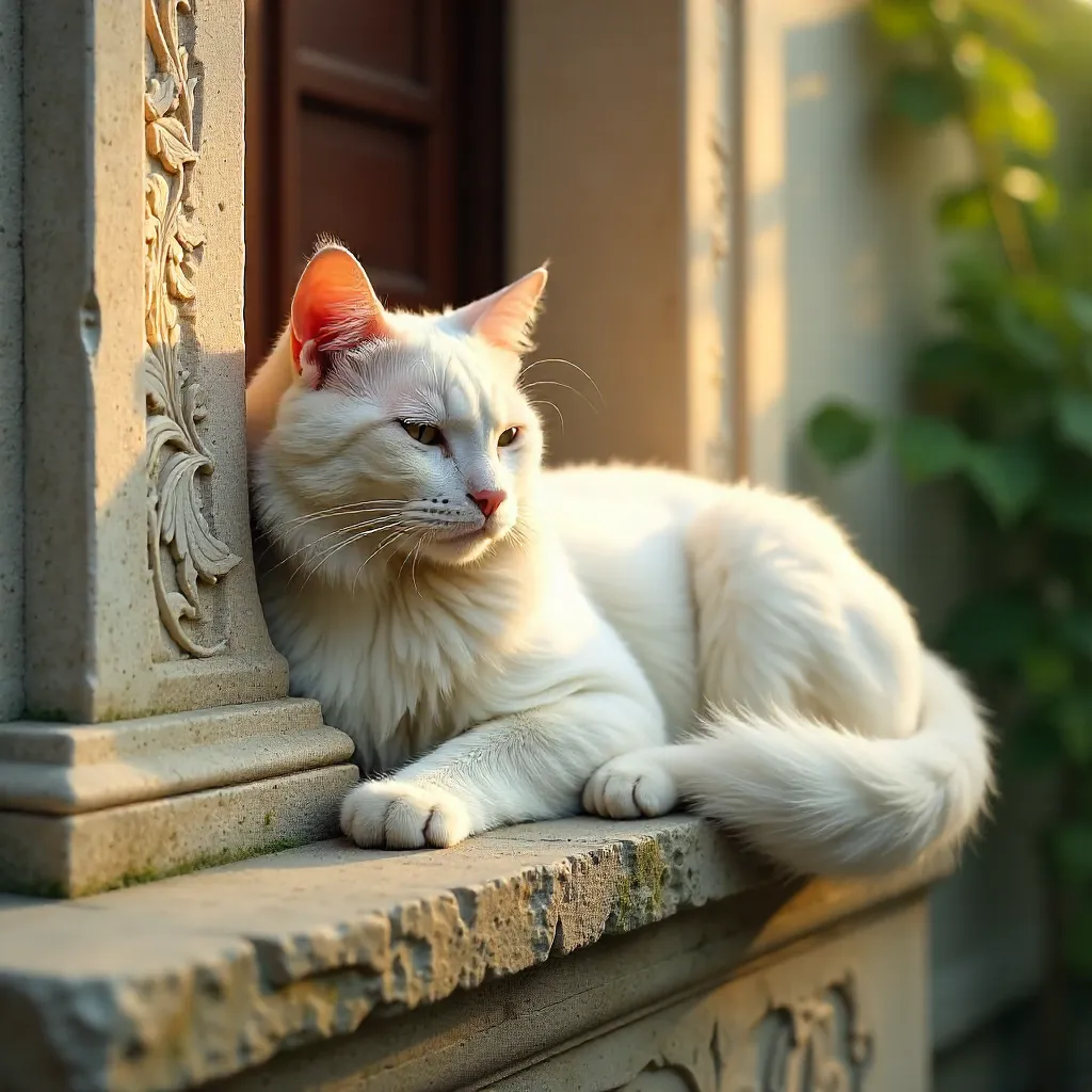 White Cat on an Elegant Carved Stone Wall