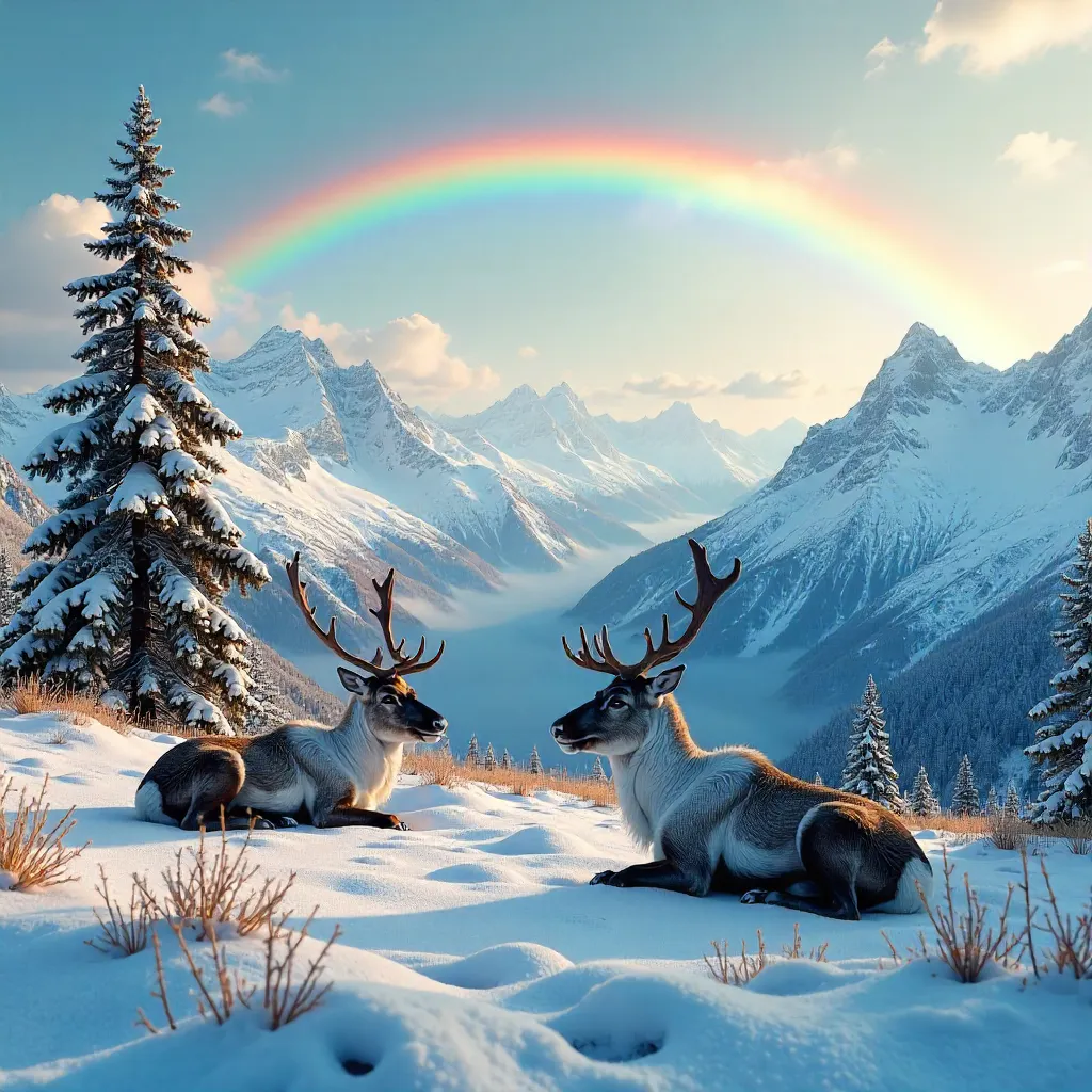Reindeer Resting on Snowy Norwegian Peak with Rainbow
