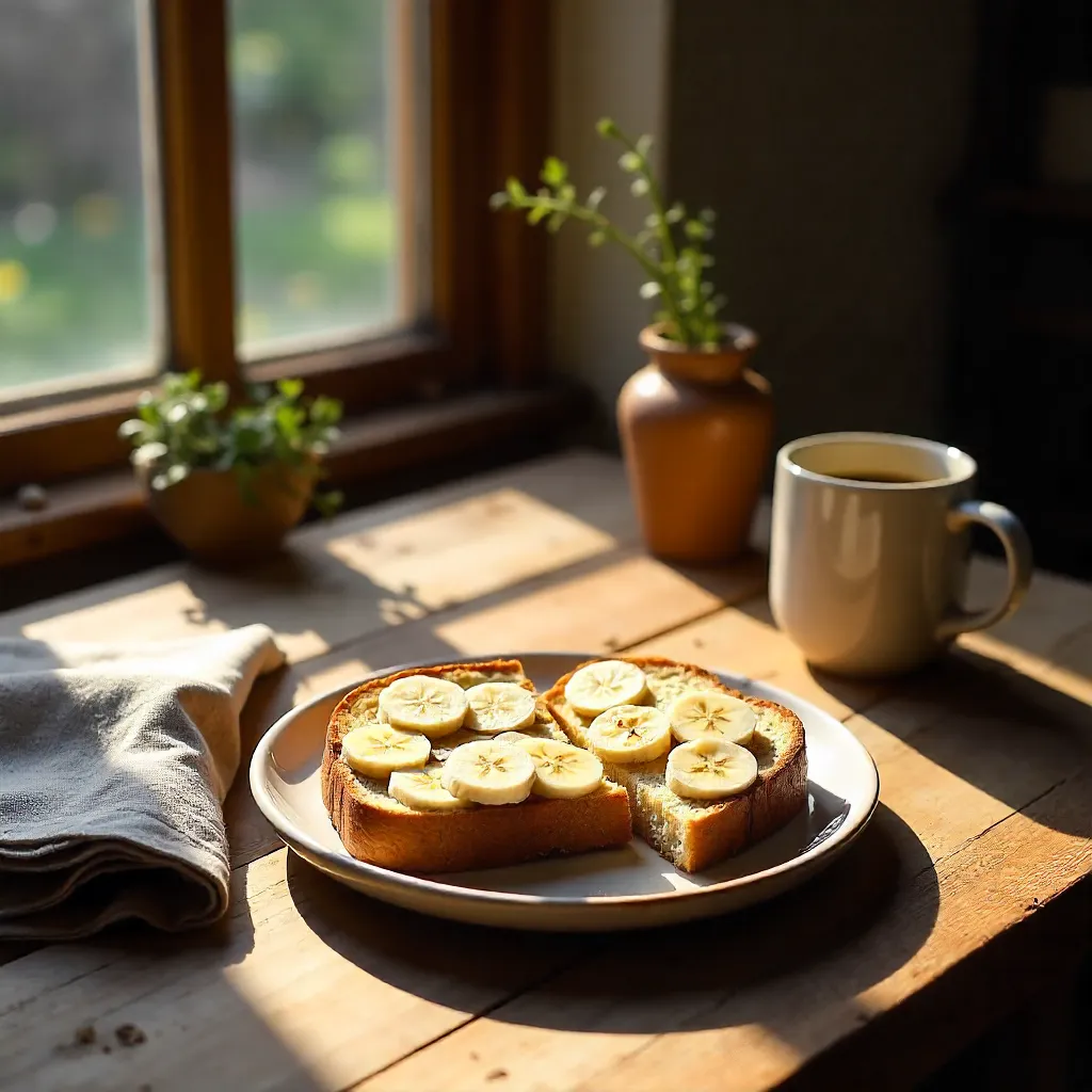 Sunlit Rustic Banana-Almond Toast by Window