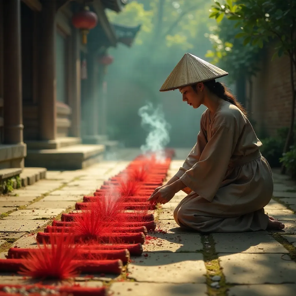 Woman in Conical Hat Arranges Red Incense