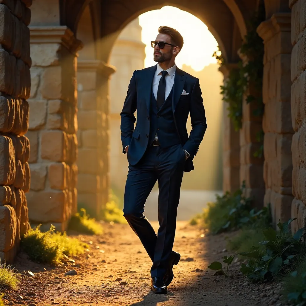 Bold Suited Elegance Amid Sunlit Ruins