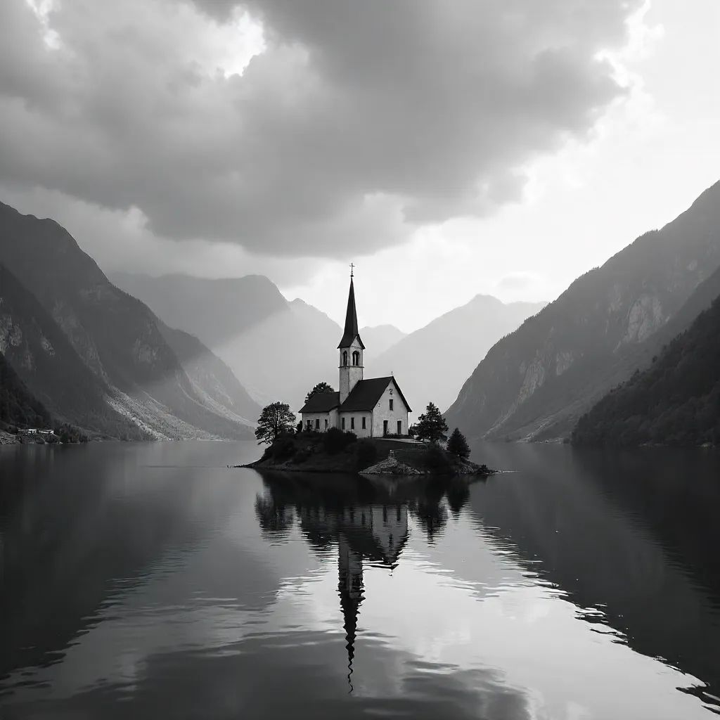 Monochrome Panorama: Bled Island and Alpine Peaks