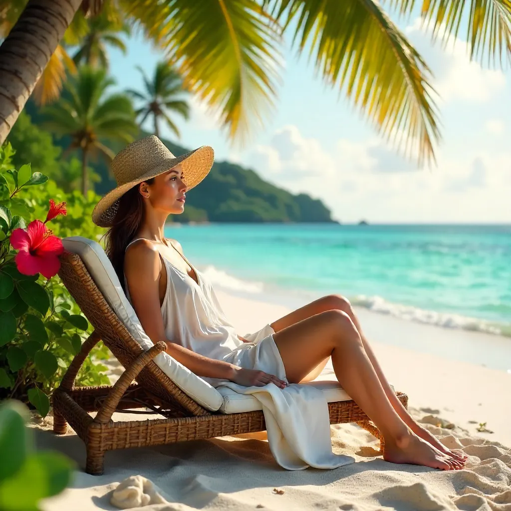 Straw-Hatted Woman Lounging on a Tropical Beach