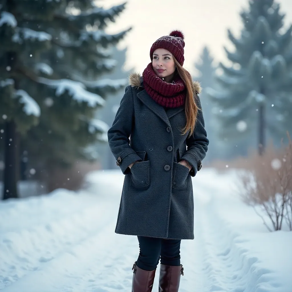 Winter Portrait Amid Snowy Pine Landscape